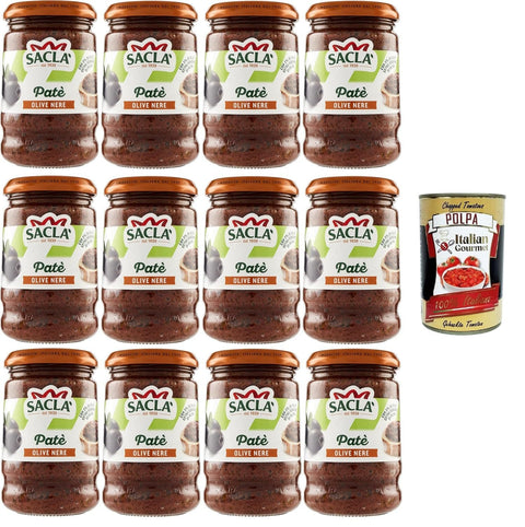 Italian Gourmet E.R. Pasteten Saclà, Patè di Olive Nere Patè aus schwarzen Oliven, ideal für einen Aperitif und zur Bereicherung Ihrer Gerichte, Glas, 12x190 g + Italian Gourmet polpa 400g 8032804040014