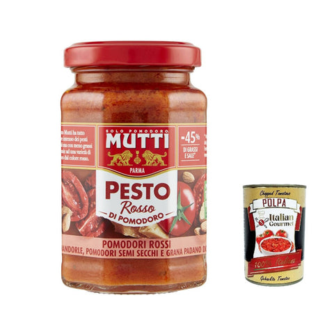 Mutti Pesto Rosso Pomodori Rossi Rotes Tomatenpesto Pasta Sauce 100% Tomate Glas Würzsaucen mit Mandeln, Tomaten, getrockneten Samen und Grana Padano 12x 180g inkl. Italian Gourmet polpa 400g Original italienisch