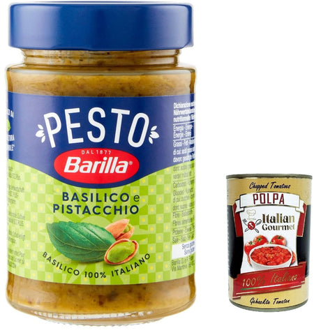 Barilla Pesto Basilico e Pistacchio Pesto mit Basilikum und Pistazien aus nachhaltiger Landwirtschaft hergestellt Sauce glutenfrei 12x 190g inkl. Italian Gourmet polpa 400g Original italienisch