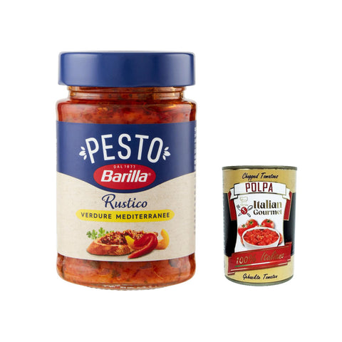 Barilla Pesto Rustico Mediterraneo 200g Glutenfreie Italienische Pasta - Sauce mit Zucchini Paprika und Tomaten, vegane / vegetarische Pesto für Brot und Bruschetta 12x 200g inkl. Italian Gourmet polpa 400g Original italienisch