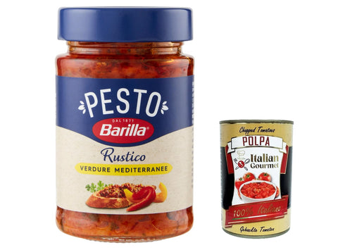 Italian Gourmet E.R. Pesto 12x Pesto Rustico Mediterraneo 200g Glutenfreie Italienische Pasta-Sauce mit Zucchini Paprika und Tomaten, vegane / vegetarische Pesto für Brot und Bruschetta 200g + Italian Gourmet polpa 400g 8076809576581