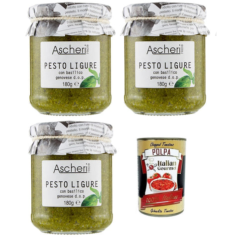 Ascheri 1960 Pesto Ligure con Basilico Genovese,Pesto Sauce mit Genuesischem Basilikum d.o.p. Glas 180g 3x Original italienisch inkl. Italian Gourmet Polpa di Pomodoro 400g Dose