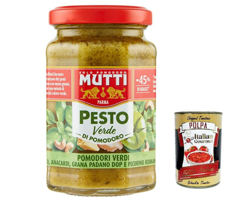 Italian Gourmet E.R. Pesto 3x Mutti Pesto Verde Pomodori Verdi Grünes Tomatenpesto Pasta Sauce 100% italienische Tomate Glas 180g Würzsaucen mit Cashewnüssen, Grana Padano und Pecorino Romano + Italian Gourmet polpa 400g 8032804040014
