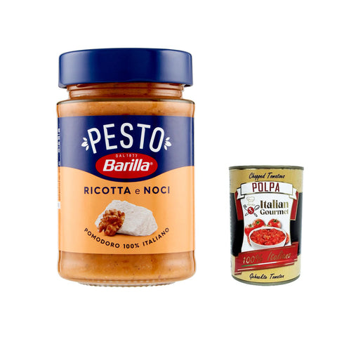 Barilla Pesto Ricotta e Noci | Glutenfreie Italienische Pasta - Sauce mit cremigem Ricotta, Walnüssen und Grana Padano, Nudel - Soße, rotes Pesto 3x 190g inkl. Italian Gourmet polpa 400g Original italienisch