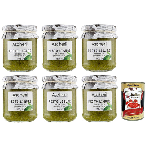 Ascheri 1960 Pesto Ligure con Basilico Genovese, Pesto Sauce mit Genuesischem Basilikum d.o.p. Glas 6x 180g inkl. Italian Gourmet Polpa di Pomodoro 400g Dose Original italienisch