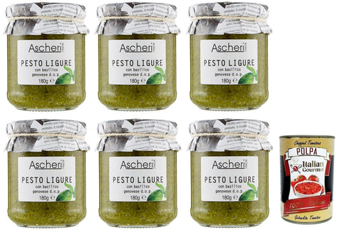Italian Gourmet E.R. Pesto 6x Ascheri 1960 Pesto Ligure con Basilico Genovese,Pesto Sauce mit Genuesischem Basilikum d.o.p. Glas 180g + Italian Gourmet Polpa di Pomodoro 400g Dose 8032529642111