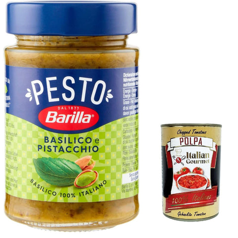 Barilla Pesto Basilico e Pistacchio Pesto mit Basilikum und Pistazien aus nachhaltiger Landwirtschaft hergestellt Sauce glutenfrei 6x 190g inkl. Italian Gourmet polpa 400g Original italienisch