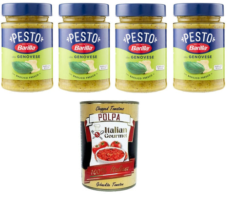 Italian Gourmet E.R. Pesto Barilla Pesto alla Genovese con Basilico Fresco Condimento e Sugo per Pasta Genueser Pesto mit frischem Basilikumgewürz und Pastasauce 4x190gr + Italian Gourmet polpa 400g 8032804040014