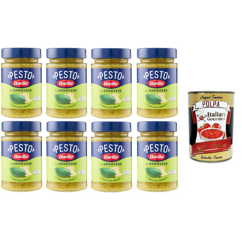 Barilla Pesto alla Genovese con Basilico Fresco Condimento e Sugo per Pasta Genueser Pesto mit frischem Basilikumgewürz und Pastasauce 8x190gr Original italienisch inkl. Italian Gourmet Polpa 400g