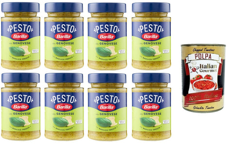 Italian Gourmet E.R. Pesto Barilla Pesto alla Genovese con Basilico Fresco Condimento e Sugo per Pasta Genueser Pesto mit frischem Basilikumgewürz und Pastasauce 8x190gr + Italian Gourmet polpa 400g 8032804040014