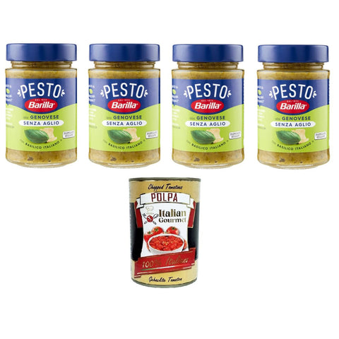 Barilla Pesto Alla Genovese senz'Aglio Condimento e Sugo per Pasta Genueser Pesto ohne Knoblauchgewürz und Nudelsauce 4x190gr inkl. Italian Gourmet polpa 400g Original italienisch
