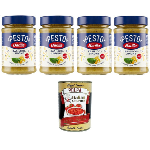 Barilla Pesto Basilico e Limone Condimento e Sugo per Pasta Basilikum-Zitronen-Pesto-Gewürz und Pastasauce 4x190gr Original italienisch inkl. Italian Gourmet Polpa 400g