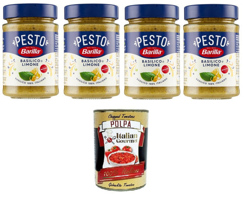 Italian Gourmet E.R. Pesto Barilla Pesto Basilico e Limone Condimento e Sugo per Pasta Basilikum-Zitronen-Pesto-Gewürz und Pastasauce 4x190gr + Italian Gourmet polpa 400g 8032804040014