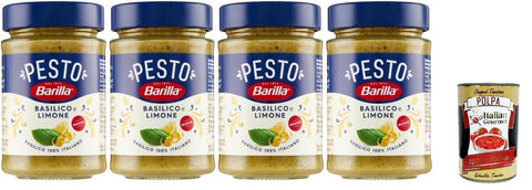 Italian Gourmet E.R. Pesto Barilla Pesto Basilico e Limone, Italienische Basilikum-Zitronen Sauce, 4 x 190g Gläser, + Italian gourmet polpa 400g