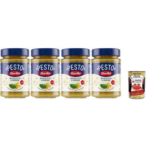 Barilla Pesto Basilico e Limone, Italienische Basilikum-Zitronen Sauce, 4 x 190g Gläser Original italienisch inkl. Italian Gourmet Polpa 400g