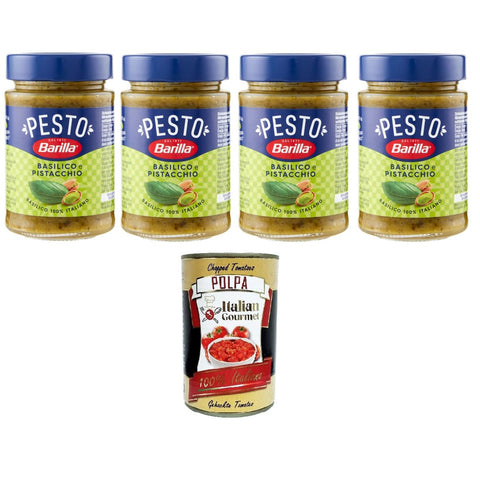 Barilla Pesto Basilico e Pistacchio Condimento e Sugo per Pasta Basilikum-Pistazien-Pesto-Gewürz und Pastasauce 4x190 g Original italienisch inkl. Italian Gourmet Polpa 400g