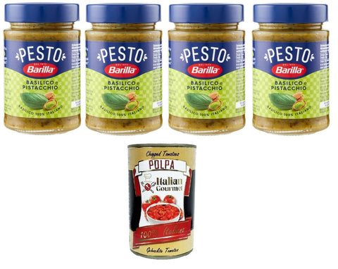 Italian Gourmet E.R. Pesto Barilla Pesto Basilico e Pistacchio Condimento e Sugo per Pasta Basilikum-Pistazien-Pesto-Gewürz und Pastasauce 4x190 g+ Italian Gourmet polpa 400g 8032804040014