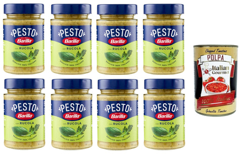 Italian Gourmet E.R. Pesto Barilla Pesto Basilico e Rucola Condimento e Sugo per Pasta Pesto Basilikum-Rucola-Gewürz und Sauce für Pasta 8x190gr + Italian Gourmet polpa 400g 8032804040014