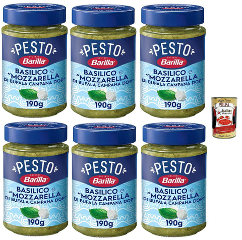 Italian Gourmet E.R. Pesto Barilla Pesto Basilico mit Büffelmozzarella DOP, 190g, 6er Pack, Glutenfrei, + Italian Gourmet polpa 400g