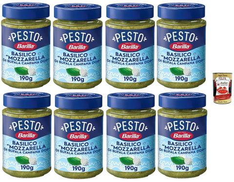 Italian Gourmet E.R. Pesto Barilla Pesto Basilico mit Büffelmozzarella DOP, 8er Pack, Glutenfrei, 190g pro Glas, + Italian Gourmet polpa 400g