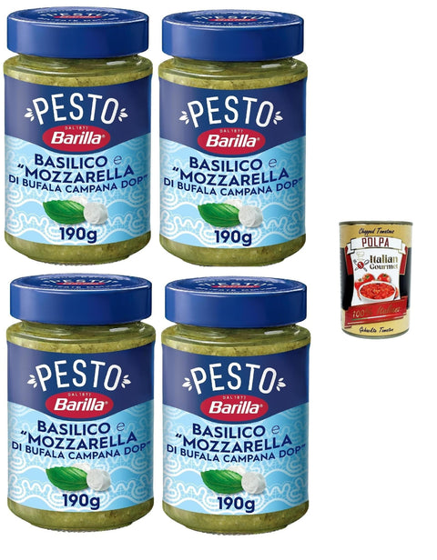 Italian Gourmet E.R. Pesto Barilla Pesto Basilico mit Büffelmozzarella DOP, Glutenfrei, 190g, 4er Pack, + Italian Gourmet polpa 400g