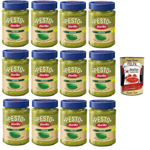 Barilla Pesto Di Basilico Vegan Condimento e Sugo per Pasta Veganes Basilikum-Pesto-Gewürz und Pastasauce 12x190 g Original italienisch inkl. Italian Gourmet Polpa 400g
