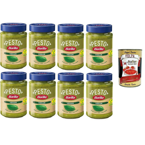 Barilla Pesto Di Basilico Vegan Condimento e Sugo per Pasta Veganes Basilikum-Pesto-Gewürz und Pastasauce 8x190 g Original italienisch inkl. Italian Gourmet Polpa 400g