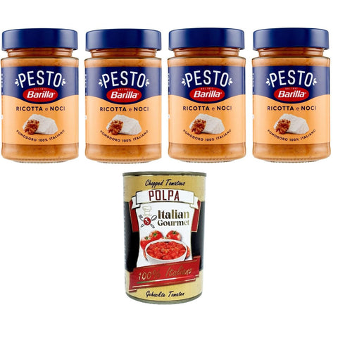 Barilla Pesto Ricotta e Noci Condimento e Sugo per Pasta Pesto Ricotta und Walnüsse Gewürz- und Nudelsauce 4x190 gr Original italienisch inkl. Italian Gourmet Polpa 400g