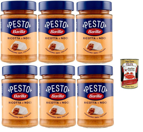 Italian Gourmet E.R. Pesto Barilla Pesto Ricotta e Noci, Italienische Nusspesto-Sauce mit Ricotta, 6 x 190 g, + Italian Gourmet polpa 400g