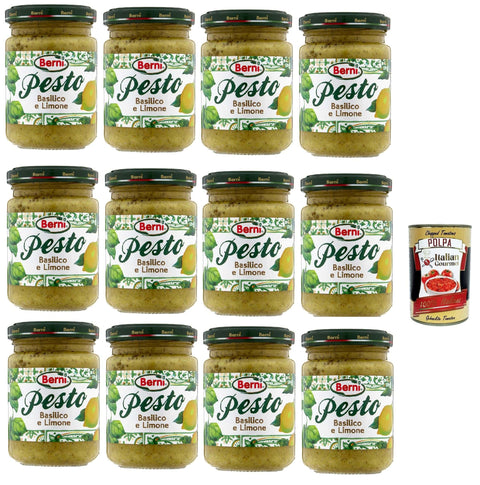 Italian Gourmet E.R. Pesto Berni Pesto Basilico e Limone Condimento e Sugo per Pasta Basilikum Zitronen Pesto Gewürz und Pastasauce 12x 135g + Italian Gourmet polpa 400g 8032804040014
