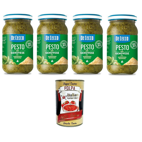 De Cecco Pesto alla Genovese con Parmigiano Reggiano senza aglio Pesto mit frischem Basilikum, Parmigiano Reggiano ohne Knoblauch Italienisches Sauce 4x190g inkl. Italian Gourmet polpa 400g Original italienisch