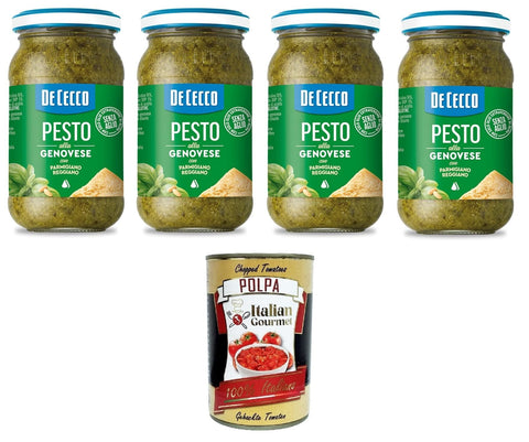 Italian Gourmet E.R. Pesto De Cecco Pesto alla Genovese con Parmigiano Reggiano senza aglio Pesto mit frischem Basilikum, Parmigiano Reggiano ohne Knoblauch Italienisches Sauce 4x190g + Italian Gourmet polpa 400g 8032804040014