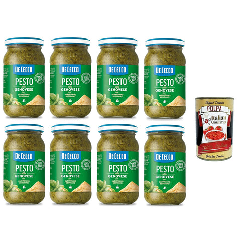 De Cecco Pesto alla Genovese con Parmigiano Reggiano senza aglio Pesto mit frischem Basilikum, Parmigiano Reggiano ohne Knoblauch Italienisches Sauce 8x190g inkl. Italian Gourmet polpa 400g Original italienisch