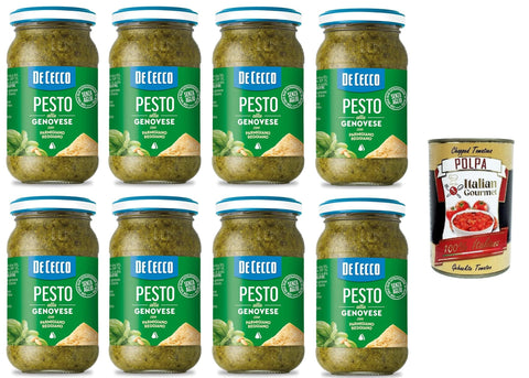 Italian Gourmet E.R. Pesto De Cecco Pesto alla Genovese con Parmigiano Reggiano senza aglio Pesto mit frischem Basilikum, Parmigiano Reggiano ohne Knoblauch Italienisches Sauce 8x190g + Italian Gourmet polpa 400g 8032804040014