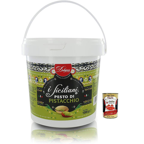 Dolgam I Siciliani Pistazien-Pesto Glutenfreie,Sizilianische Spezialitäten,1000g-Eimer,Pistazien aus Sizilien mit 65% Original italienisch inkl. Italian Gourmet Polpa di Pomodoro 400g Dose