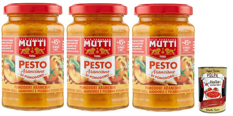 Italian Gourmet E.R. Pesto Mutti Pesto arancione di pomodoro, -45% des Fetts, Pesto mit gelben Kirschtomaten, Mandeln und Pecorino -Käse 3x 180g + Italian Gourmet polpa 400g 8032804040014