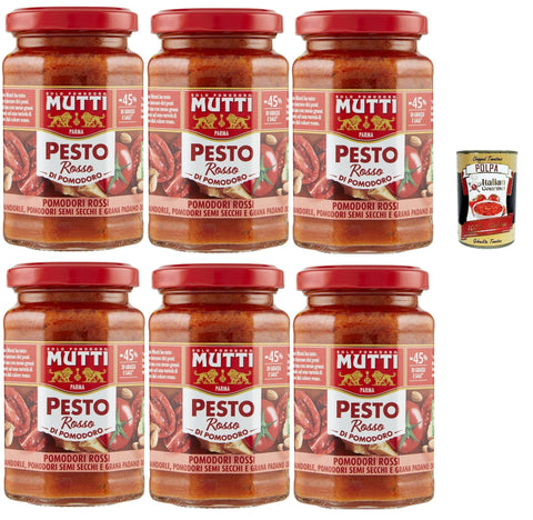 Italian Gourmet E.R. Pesto Mutti Pesto Rosso Pomodori Rossi Rotes Tomatenpesto Pasta Sauce 100% italienische Tomate Glas 6x 180g Würzsaucen mit Mandeln, Tomaten, getrockneten Samen und Grana Padano + Italian Gourmet polpa 400g 8032804040014