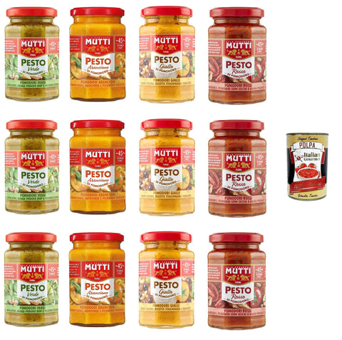 Italian Gourmet E.R. Pesto Mutti Pesto Testpaket Pomodori Tomatenpesto Pasta Sauce 100% italienische Tomate Glas 12x 180g Würzsaucen mit Cashewnüssen, Grana Padano und Pecorino Romano + Italian Gourmet polpa 400g 8032804040014