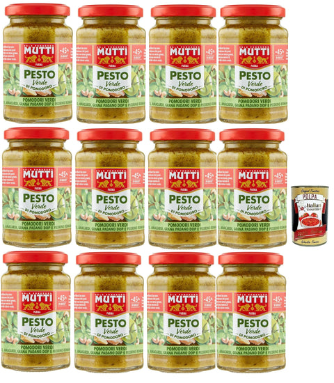 Italian Gourmet E.R. Pesto Mutti Pesto Verde Pomodori Verdi Grünes Tomatenpesto Pasta Sauce 100% italienische Tomate Glas 12x 180g Würzsaucen mit Cashewnüssen, Grana Padano und Pecorino Romano + Italian Gourmet polpa 400g 8032804040014