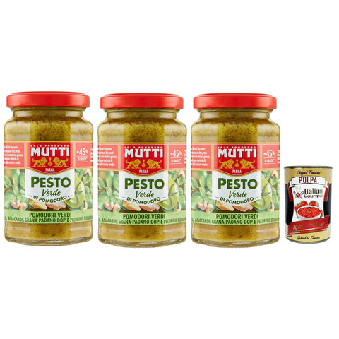 Mutti Pesto Verde Pomodori Verdi Grünes Tomatenpesto Pasta Sauce 100% Tomate Glas Würzsaucen mit Cashewnüssen, Grana Padano und Pecorino Romano 3x 180g inkl. Italian Gourmet polpa 400g Original italienisch
