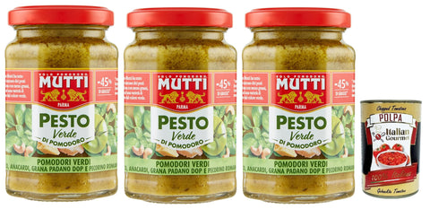 Italian Gourmet E.R. Pesto Mutti Pesto Verde Pomodori Verdi Grünes Tomatenpesto Pasta Sauce 100% italienische Tomate Glas 3x 180g Würzsaucen mit Cashewnüssen, Grana Padano und Pecorino Romano + Italian Gourmet polpa 400g 8032804040014