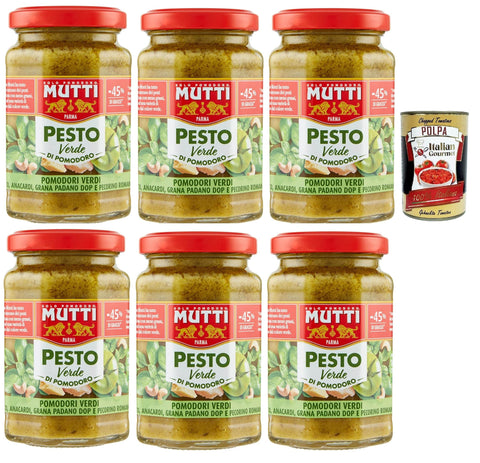 Italian Gourmet E.R. Pesto Mutti Pesto Verde Pomodori Verdi Grünes Tomatenpesto Pasta Sauce 100% italienische Tomate Glas 6x 180g Würzsaucen mit Cashewnüssen, Grana Padano und Pecorino Romano + Italian Gourmet polpa 400g 8032804040014