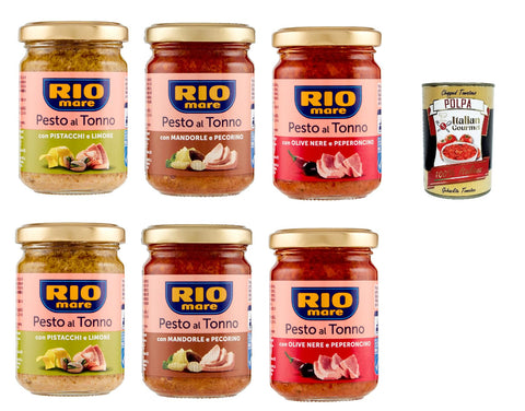Italian Gourmet E.R. Pesto Rio Mare Pesto al Tonno testpaket , Thunfischpesto kochsauce mit Mandeln und Pecorino - mit Pistazien und Zitrone - mit schwarzen Oliven und Chili 6x 130g + Italian Gourmet polpa 400g 8032804040014