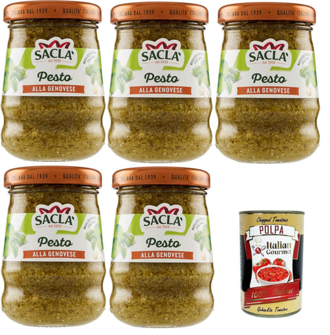 Italian Gourmet E.R. Pesto Saclà, genuesisches Pesto, Gewürz für Pasta und zur Bereicherung Ihrer Gerichte, mit frischem italienischen Basilikum, Glas, 5x90g + Italian Gourmet polpa 400g 8032804040014