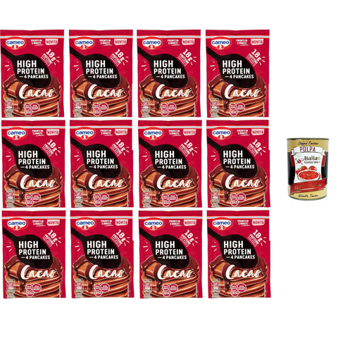 Cameo High Protein Pancake, Kakaoprotein-Pfannkuchenmischung mit Süßstoff, reich an fettarmen Proteinen ohne Zuckerzusatz (enthält von Natur aus Zucker) 12x70gr Original italienisch inkl. Italian Gourmet Polpa 400