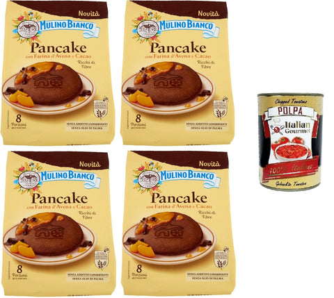 Italian Gourmet E.R. Pfannkuchen & Waffeln Mulino Bianco Pancake con Farina d'Avena e Cacao Pfannkuchen mit Hafermehl und Kakao Frühstück 8 Portionen 4x256g+ Italian Gourmet polpa 400g 8032804040014