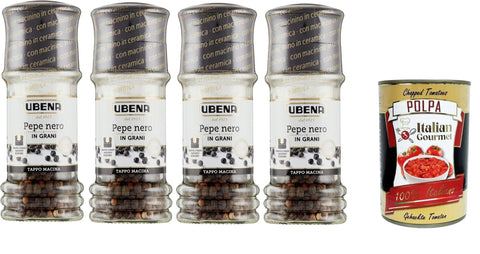 Italian Gourmet E.R. Pfeffer UBENA, Pepe Nero in Grani,Schwarze Pfefferkörner, 4x 40g Grinder Cap Format,+ Italian Gourmet polpa 400g 8032804040014