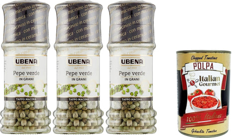 Italian Gourmet E.R. Pfeffer UBENA, Pepe Verde in Grani, Grüne Pfefferkörner, Ideal zum Würzen von Cremes und Gerichten auf Fleisch- und Gemüsebasis, 3x12-g-Mahlkappenformat, + Italian Gourmet polpa 400g 8032804040014