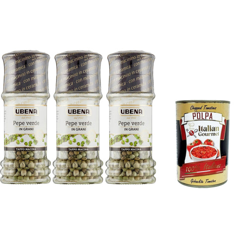 UBENA Pepe Verde in Grani, Grüne Pfefferkörner, Ideal zum Würzen von Cremes und Gerichten auf Fleisch- und Gemüsebasis, 3x12-g-Mahlkappenformat Original italienisch inkl. Italian Gourmet Polpa 400g