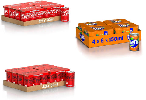 CocaCola Mini Dosen + Zero Mini Dosen + Fanta Orange 150ml Mini Dosen, 100% recycelbare Dose, nicht - alkoholisches Getränk 24 x 150ml 24x 150ml Original italienisch